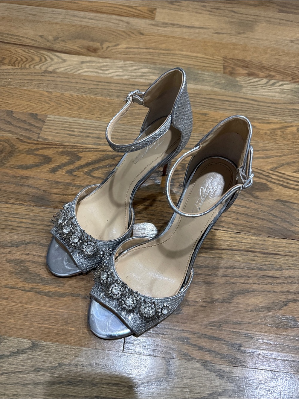 Imagine Vince Camuto Silver Embellished Ankle-Strap Heels with Crystal Detail